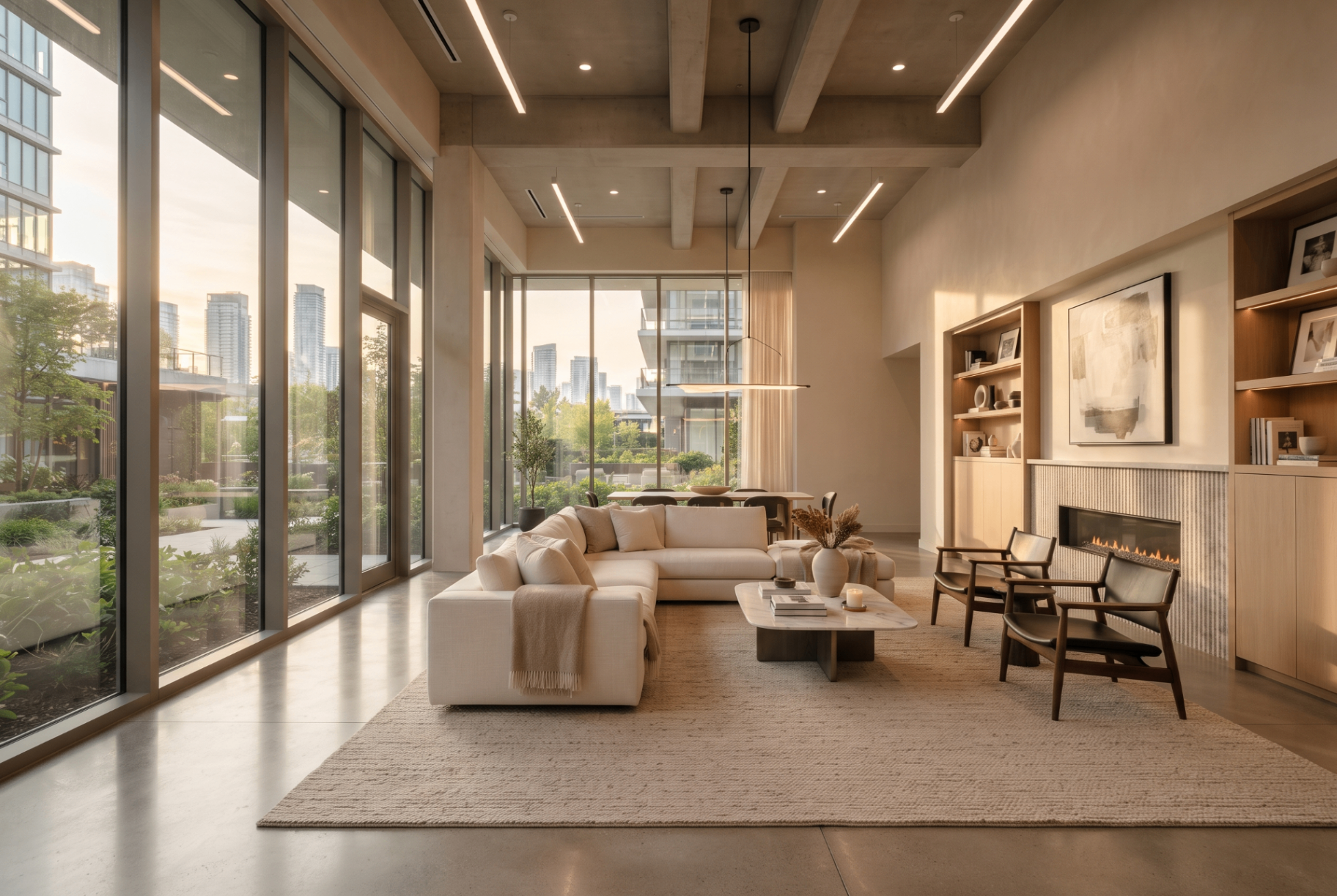 Empty amenity lounge with soft evening light